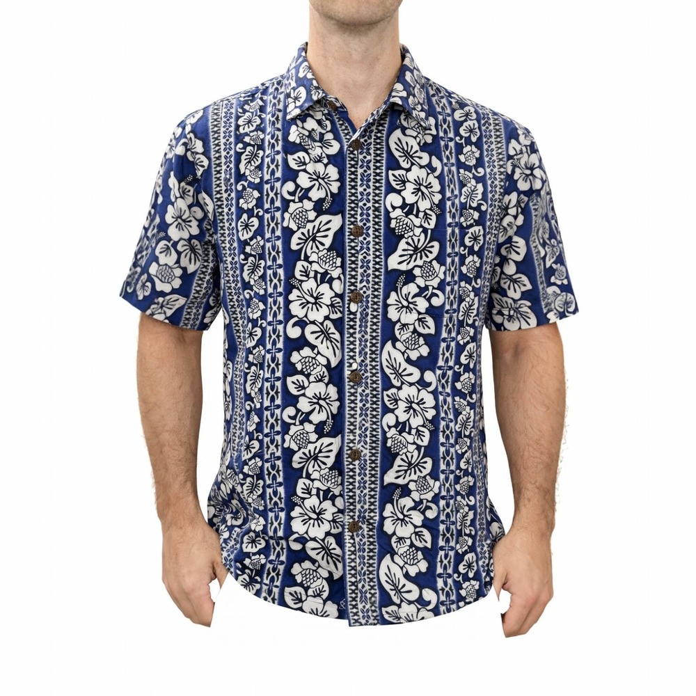 Hilo Hattie Hawaiian Aloha Shirt Medium Floral Hibiscus Tribalβ Stripes Blue